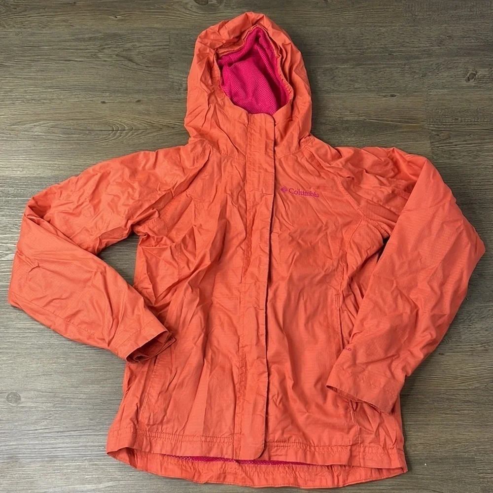 Columbia Girls Orange Pink Hooded Zip Up Windbreaker, size Girls medium